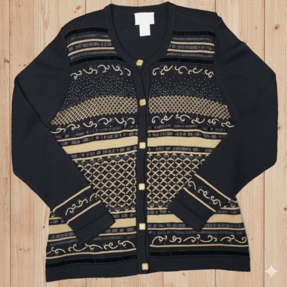 Vintage 90s Susan Bristol Beaded Cardigan Black Gold Metallic Glam Women's L